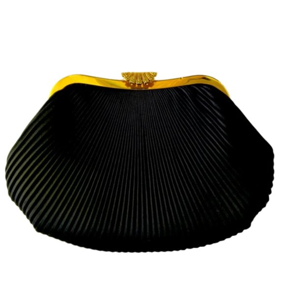 Elegant Pleated Satin Accordion Style Gold Detail Snap Lock Evening Clutch - Picture 2 of 7